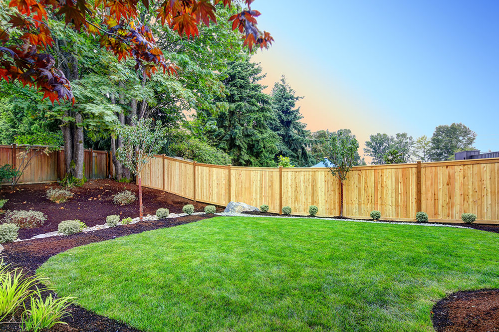 a fenced in backyard with grass and trees