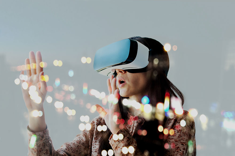 a woman wearing a virtual reality headset